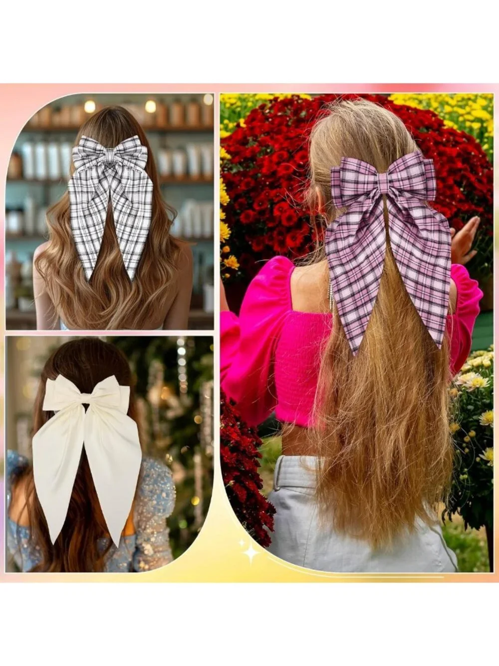 16 Pcs Silky Satin Hair Bows - Oversized Ribbons for Women, Long Tail Clips
